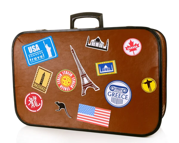 स्टिकर के साथ यात्रा सूटकेस — स्टॉक फ़ोटो, इमेज