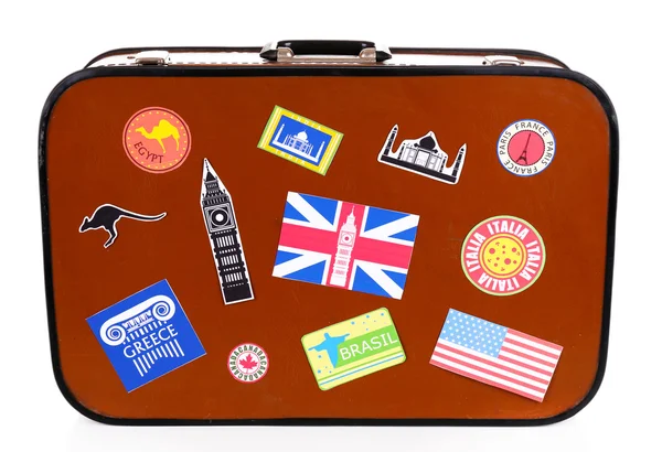 Podróż walizki z naklejkami — Zdjęcie stockowe