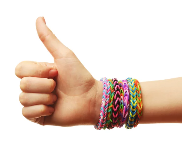 Mano femenina con pulseras aisladas en blanco — Foto de Stock