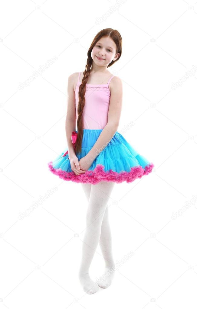 Beautiful little girl wearing cute pettiskirt, isolated on white