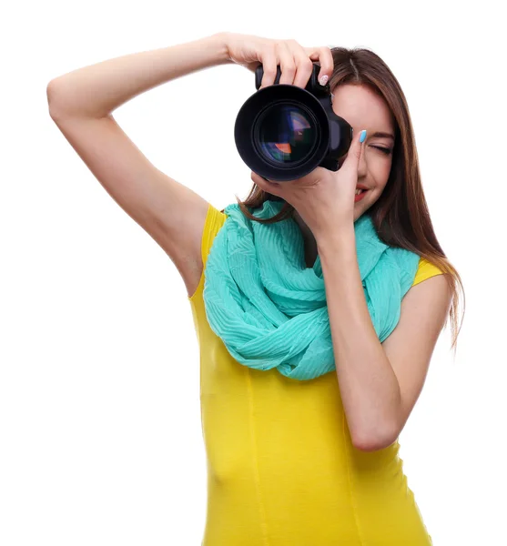 Jeune photographe femme prenant des photos isolées sur blanc — Photo