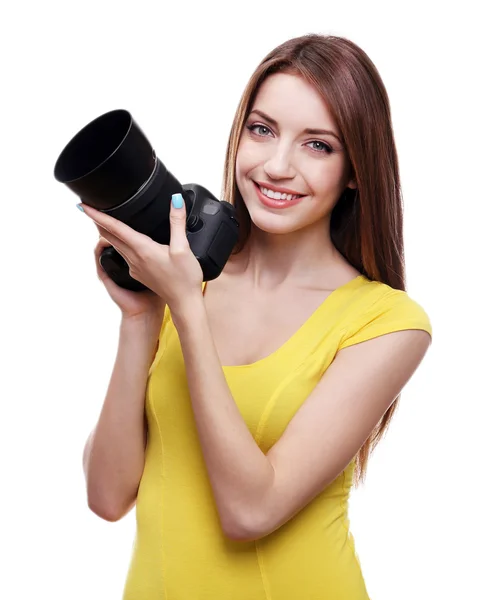 Jeune photographe femme prenant des photos isolées sur blanc — Photo