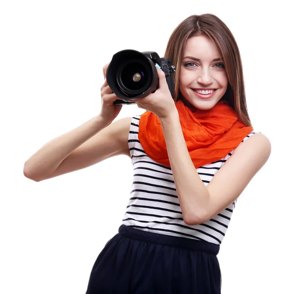 Jovem fotógrafa tirando fotos isoladas em branco — Fotografia de Stock