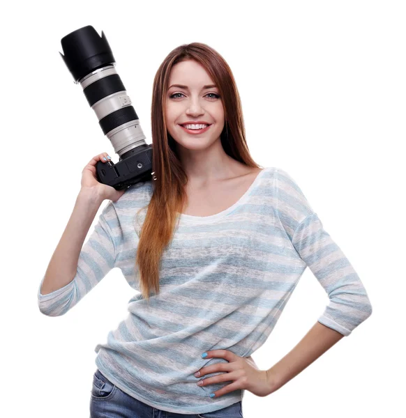 Jeune photographe femme prenant des photos isolées sur blanc — Photo