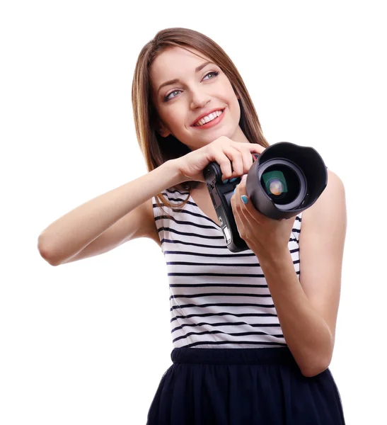 Jovem fotógrafa tirando fotos isoladas em branco — Fotografia de Stock