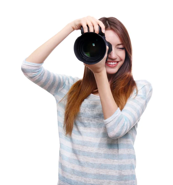 Jovem fotógrafa tirando fotos isoladas em branco — Fotografia de Stock