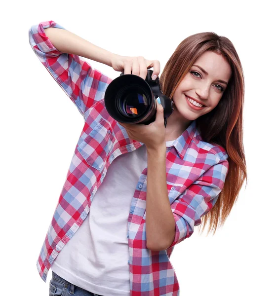 Joven fotógrafa tomando fotos aisladas en blanco —  Fotos de Stock