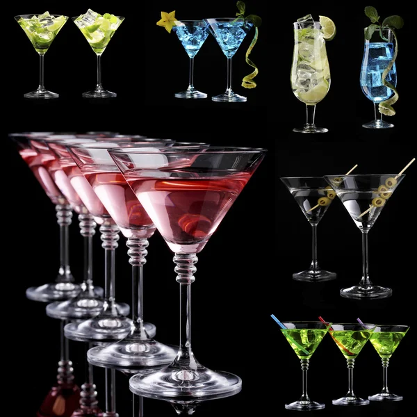 Collage verschiedener Cocktails auf schwarzem Hintergrund — Stockfoto