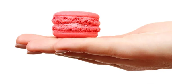 Tasty colorful macaroons in female hand isolated on white — Stock Photo, Image