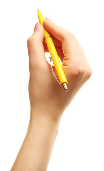 Mão feminina com caneta isolada sobre branco — Fotografia de Stock