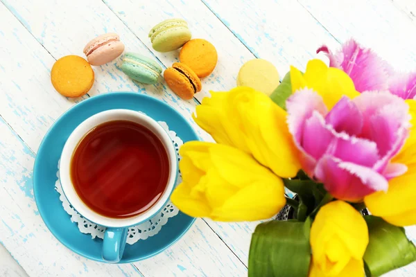 Composition with good morning top view on wooden background — Stock Photo, Image