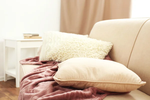 Interior design with pillows on sofa, closeup — Stock Photo, Image