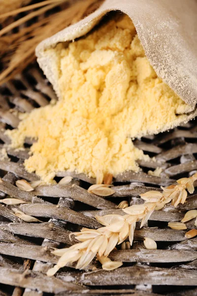 Whole flour in bag with wheat ears — Stock Photo, Image
