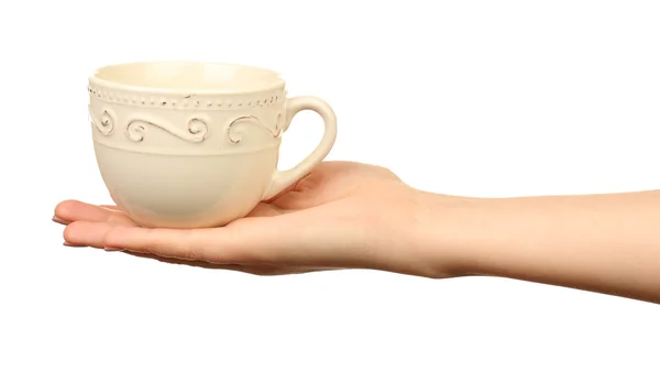 Weibliche Hand hält Tasse isoliert auf weiß — Stockfoto