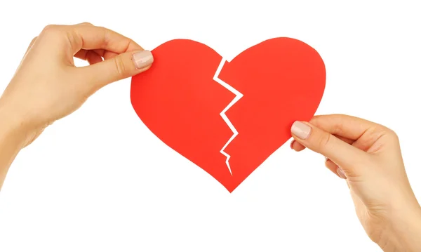 Female hands holding broken heart isolated on white — Stock Photo, Image