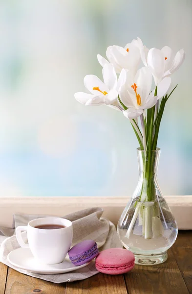 Witte crocus in vaas op vensterbank achtergrond — Stockfoto