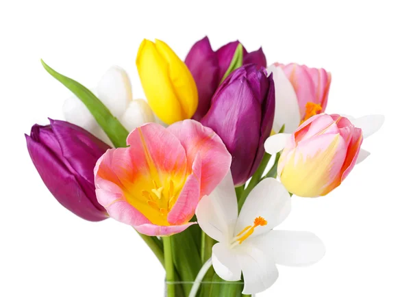 Frischer Strauß mit Tulpen und Krokussen isoliert auf weiß — Stockfoto