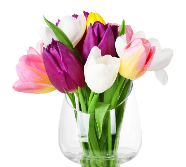 Fresh bouquet with tulips and crocus isolated on white — Stock Photo, Image