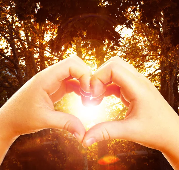 Heart shaped by hands on nature background — Stock Photo, Image