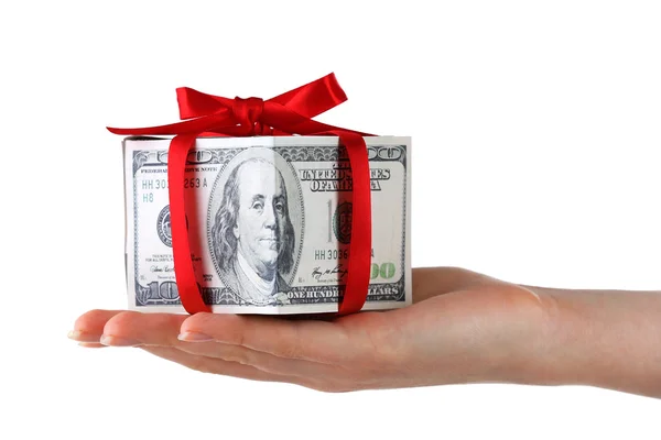 Hand holding money present box isolated on white — Stock Photo, Image