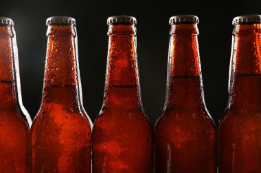 Koyu arkaplanda cam bira şişeleri