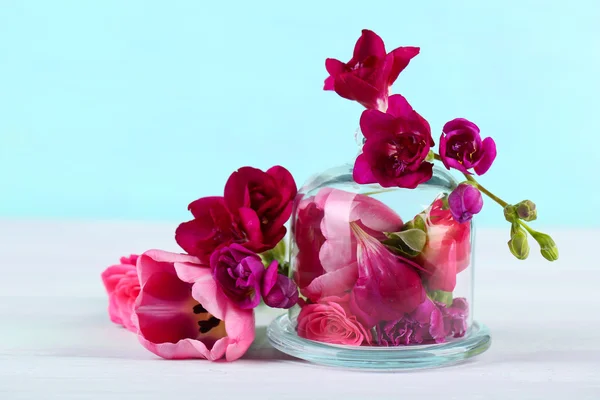 Bela composição com flores em fundo turquesa — Fotografia de Stock