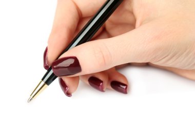 Beyaz izole kadın elinde tükenmez kalem