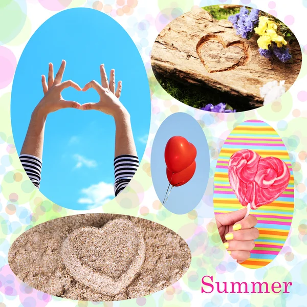 Collage von Bildern mit unterschiedlichen Herzen. Sommerkonzept — Stockfoto
