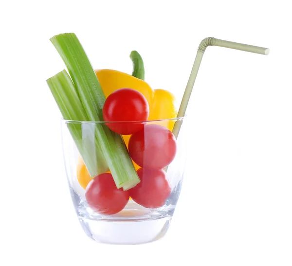 Vegetables in glass with tube isolated on white — Stock Photo, Image