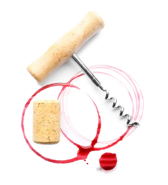 Wine stains, cork and corkscrew  isolated on white — Stock Photo, Image