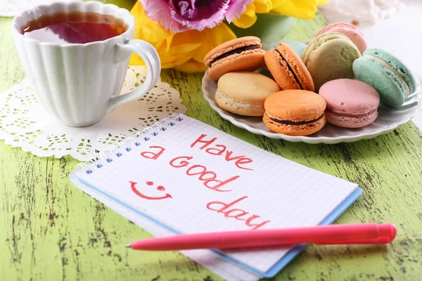 Composition with good morning top view on wooden background — Stock Photo, Image