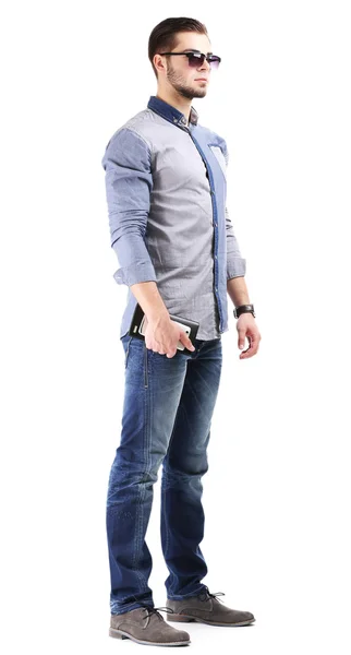 Man in blue shirt and jeans isolated on white — Stock Photo, Image