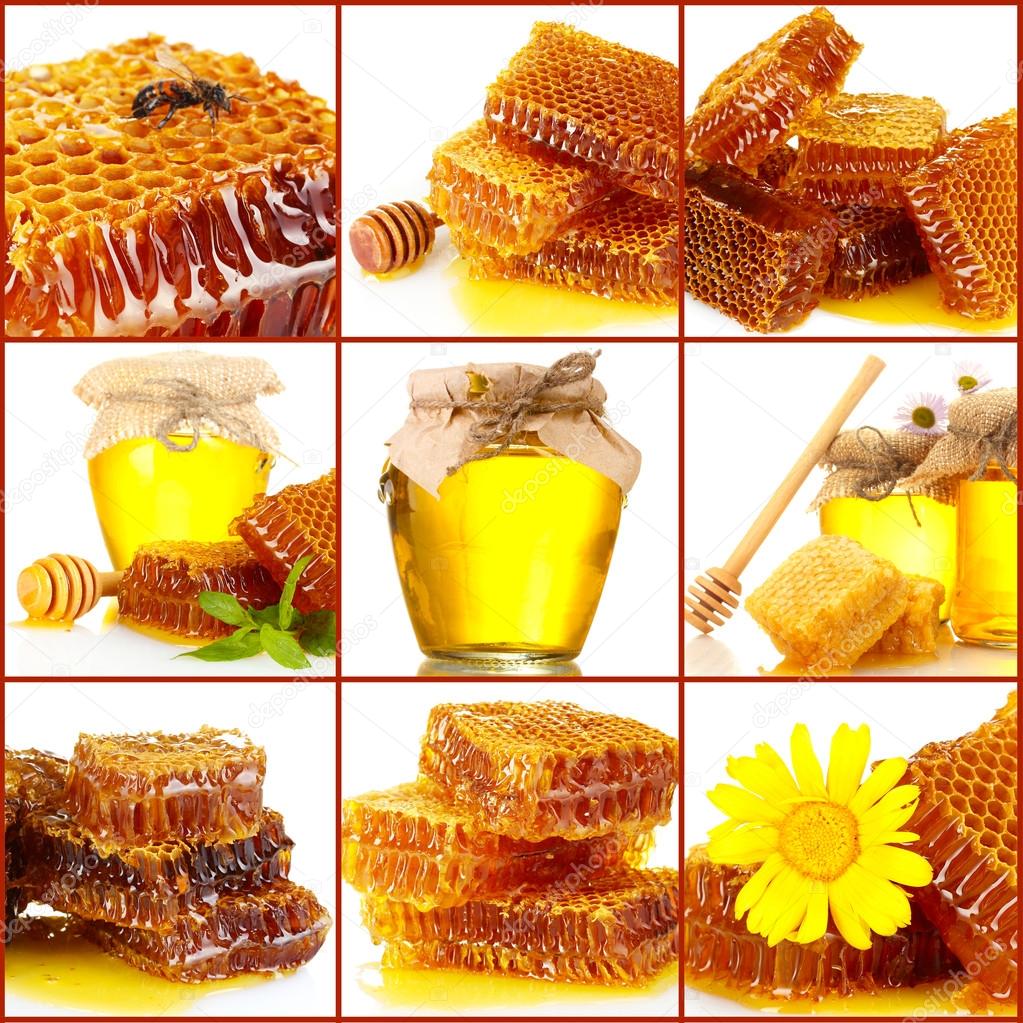 Collage of sweet honey and honeycombs