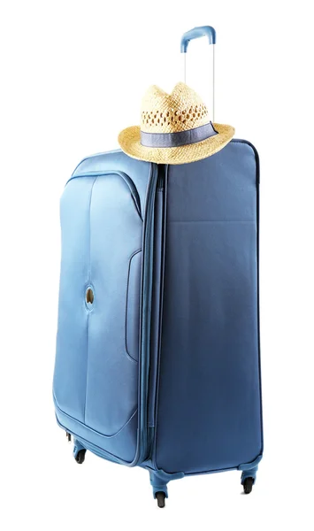 Blue suitcase with hat isolated on white — Stock Photo, Image