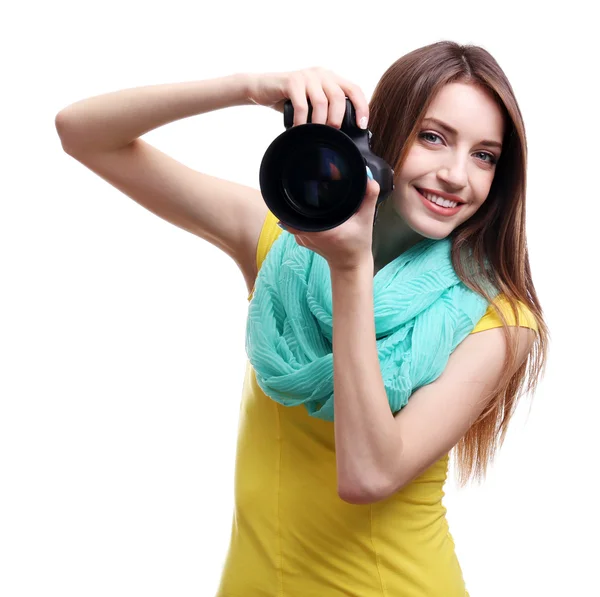 年轻的女摄影师拍照上白色孤立 — 图库照片