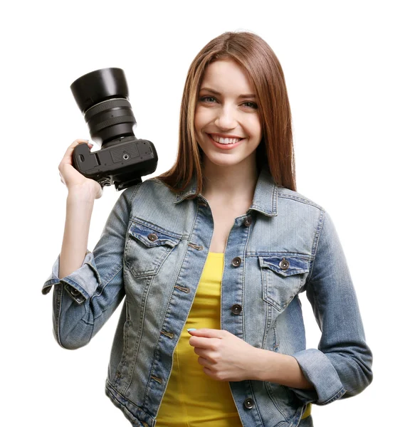 Young female photographer taking photos isolated on white — Stock Photo, Image