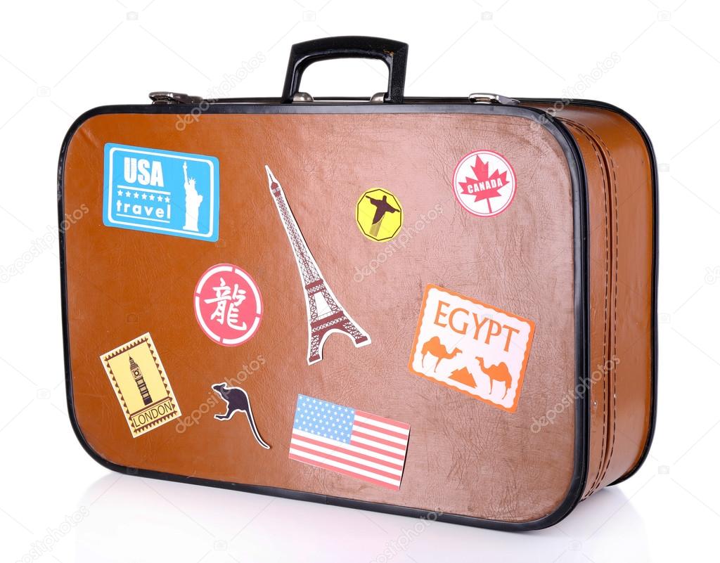 Suitcase with stickers isolated on white