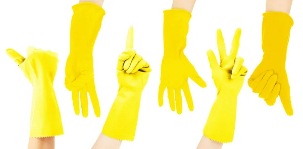 Hands in yellow gloves gesturing numbers isolated on white — Stock Photo, Image