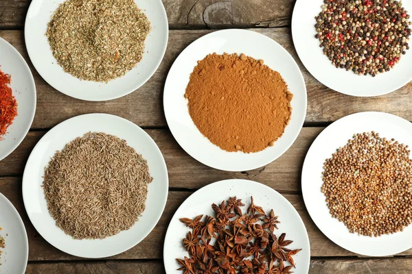 Different spices on plates — Stock Photo, Image