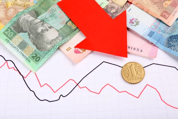 Money and red arrow on graph document close up — Stock Photo, Image