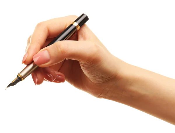 Weibliche Hand mit Stift isoliert auf weiß — Stockfoto