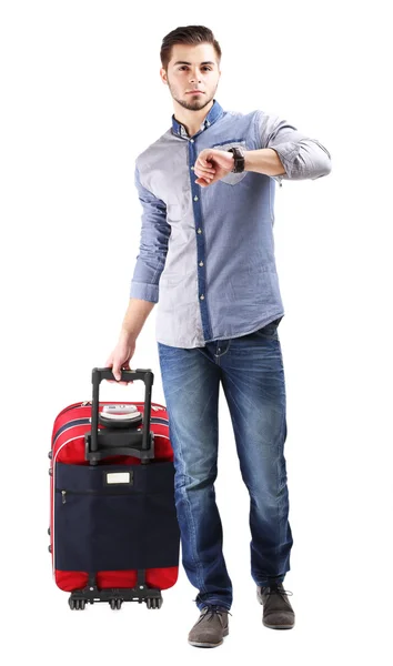 Man in blue shirt and jeans with suitcase — Stock Photo, Image