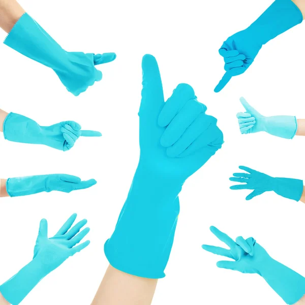 Handen in blauwe handschoenen gebaren nummers geïsoleerd op wit — Stockfoto
