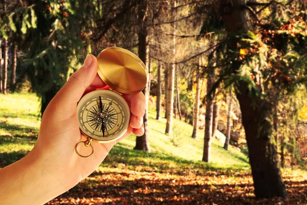 Mänsklig hand med kompass på natur bakgrund — Stockfoto