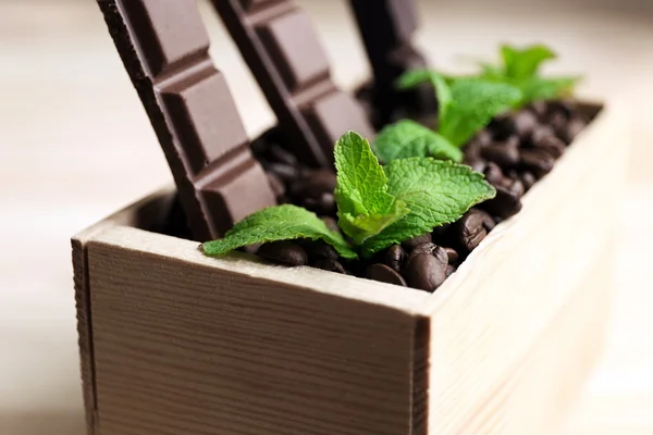 Natureza morta com conjunto de chocolate em caixa de madeira de grãos de café, close-up — Fotografia de Stock