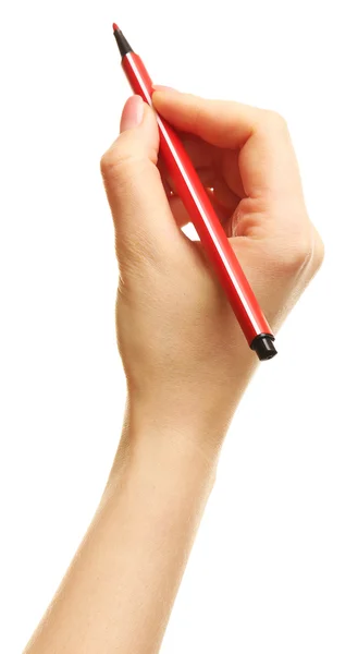 Mão feminina com marcador isolado em branco — Fotografia de Stock