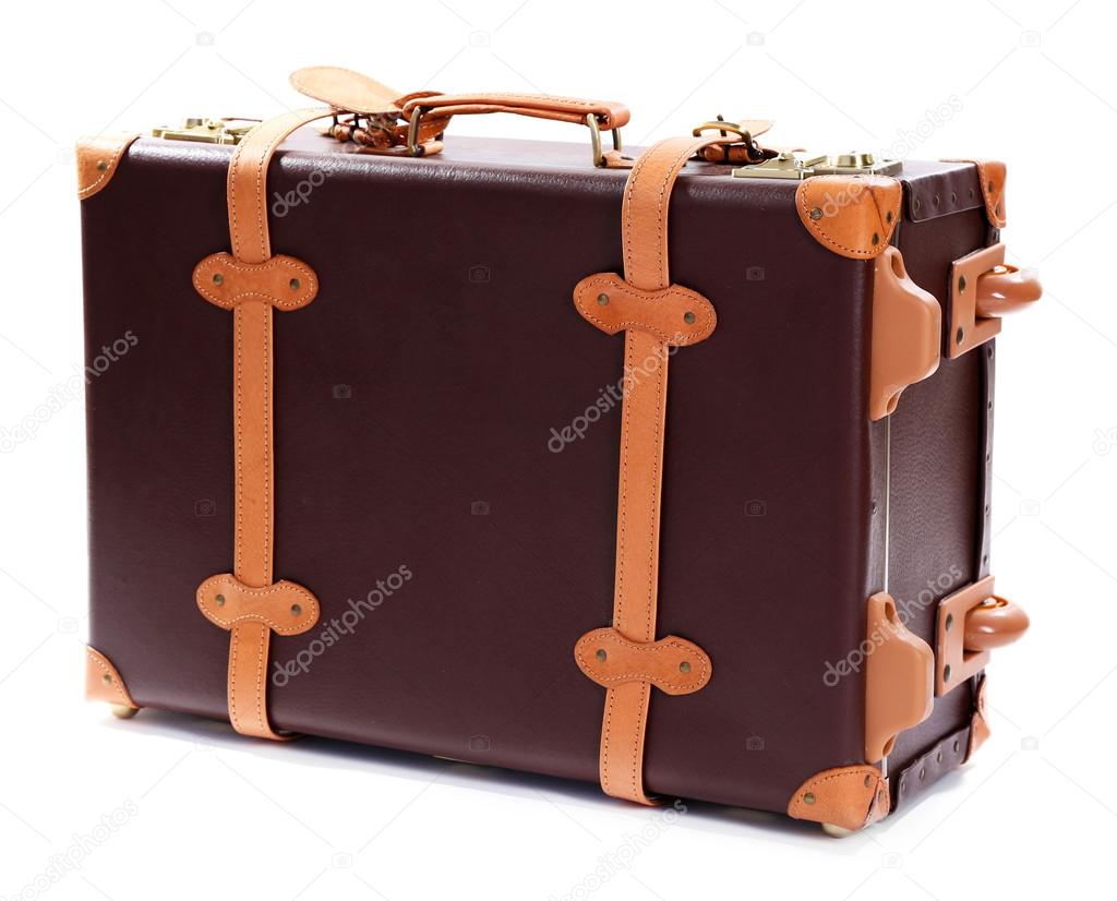 white and tan suitcase