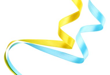 Beyaz izole renkli mavi ve sarı kurdeleler