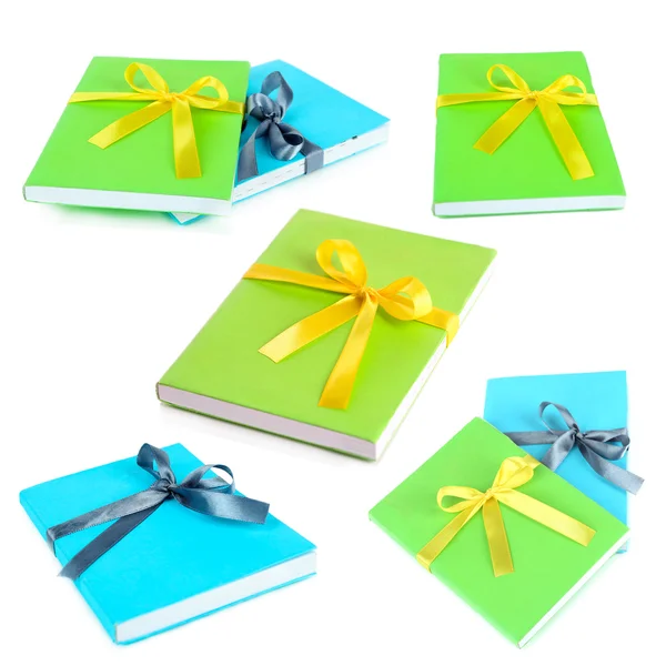 Different images of books wrapped with ribbon isolated on white in collage — Stock Photo, Image