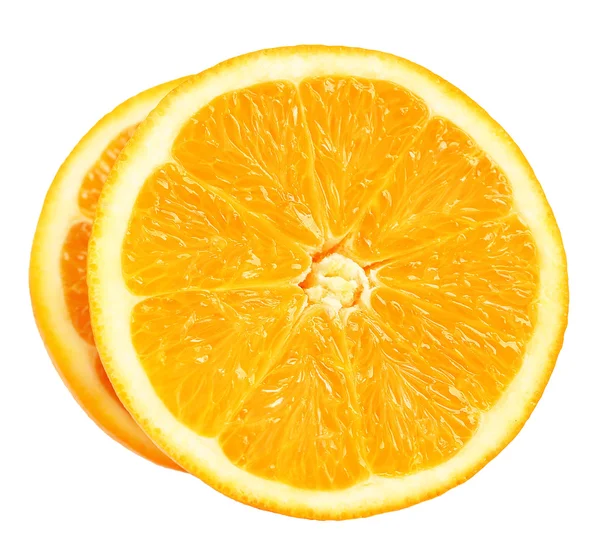 Fatias suculentas de laranja isoladas em branco — Fotografia de Stock